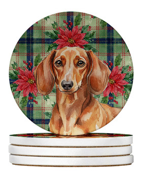 Red Brown Dachshund Christmas Poinsettias Large Sandstone Absorbent Round Coasters Pack of 4 product image at NuMercy