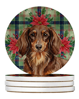 Longhaired Chocolate and Tan Dachshund Christmas Poinsettias Large Sandstone Absorbent Round Coasters Pack of 4 product image at NuMercy