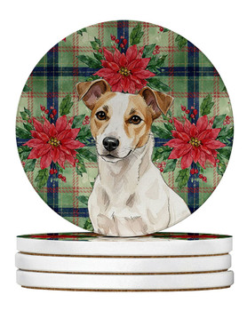 White and Tan Jack Russell Terrier Christmas Poinsettias Large Sandstone Absorbent Round Coasters Pack of 4 product image at NuMercy