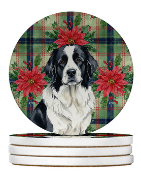 Landseer Newfoundland Christmas Poinsettias Large Sandstone Absorbent Round Coasters Pack of 4 product image at NuMercy