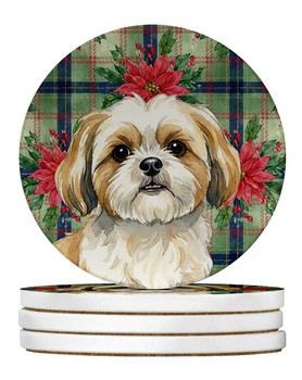Gold and White Shih Tzu Christmas Poinsettias Large Sandstone Absorbent Round Coasters Pack of 4 product image at NuMercy