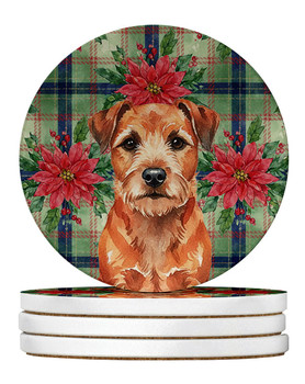 Red Border Terrier Christmas Poinsettias Large Sandstone Absorbent Round Coasters Pack of 4 product image at NuMercy