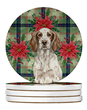 Liver Belton English Setter Christmas Poinsettias Large Sandstone Absorbent Round Coasters Pack of 4 product image at NuMercy