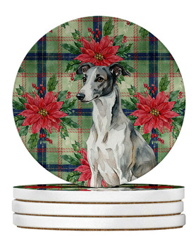 Black and White Greyhound Christmas Poinsettias Large Sandstone Absorbent Round Coasters Pack of 4 product image at NuMercy