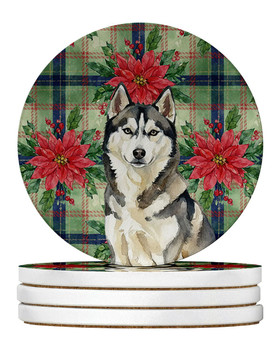 Agouti Siberian Husky Christmas Poinsettias Large Sandstone Absorbent Round Coasters Pack of 4 product image at NuMercy