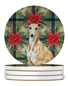 Fawn Greyhound Christmas Poinsettias Large Sandstone Absorbent Round Coasters Pack of 4 product image at NuMercy