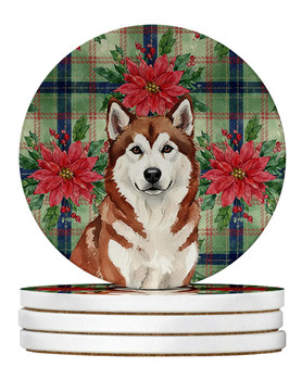 Red and White Alaskan Malamute Christmas Poinsettias Large Sandstone Absorbent Round Coasters Pack of 4 product image at NuMercy
