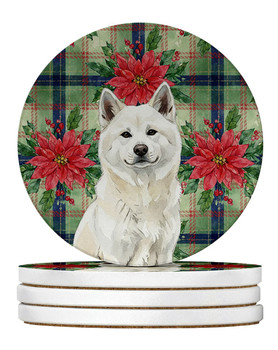 White Akita Christmas Poinsettias Large Sandstone Absorbent Round Coasters Pack of 4 product image at NuMercy