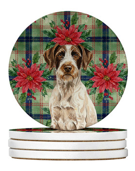 Liver and White German Wirehaired Pointer Christmas Poinsettias Large Sandstone Absorbent Round Coasters Pack of 4 product image at NuMercy