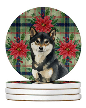 Black and Tan Shiba Inu Christmas Poinsettias Large Sandstone Absorbent Round Coasters Pack of 4 product image at NuMercy