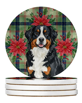 Bernese Mountain Dog Christmas Poinsettias Large Sandstone Absorbent Round Coasters Pack of 4 product image at NuMercy