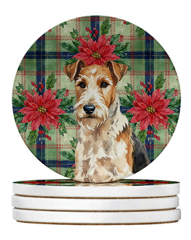 Wire Fox Terrier Christmas Poinsettias Large Sandstone Absorbent Round Coasters Pack of 4 product image at NuMercy