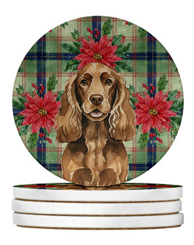 Liver English Cocker Spaniel Christmas Poinsettias Large Sandstone Absorbent Round Coasters Pack of 4 product image at NuMercy