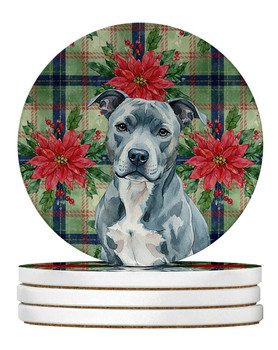 Blue American Staffordshire Terrier Christmas Poinsettias Large Sandstone Absorbent Round Coasters Pack of 4 product image at NuMercy