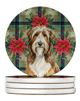 Brown Bearded Collie Christmas Poinsettias Large Sandstone Absorbent Round Coasters Pack of 4 product image at NuMercy