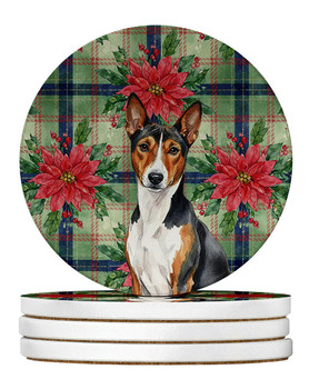 Tricolor and White Basenji Christmas Poinsettias Large Sandstone Absorbent Round Coasters Pack of 4 product image at NuMercy