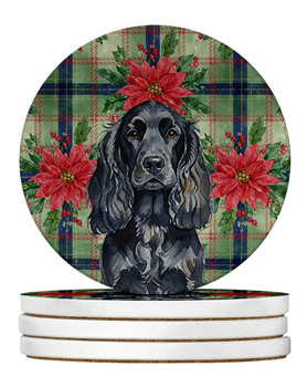 Black English Cocker Spaniel Christmas Poinsettias Large Sandstone Absorbent Round Coasters Pack of 4 product image at NuMercy