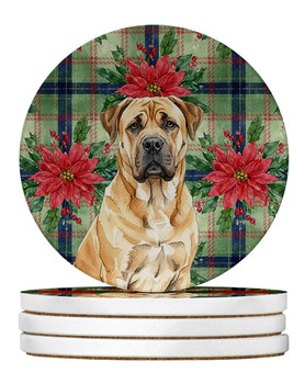 Fawn Boerboel Christmas Poinsettias Large Sandstone Absorbent Round Coasters Pack of 4 product image at NuMercy