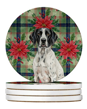Black and White Pointer Christmas Poinsettias Large Sandstone Absorbent Round Coasters Pack of 4 product image at NuMercy