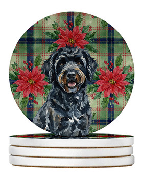 Black Portuguese Water Dog Christmas Poinsettias Large Sandstone Absorbent Round Coasters Pack of 4 product image at NuMercy