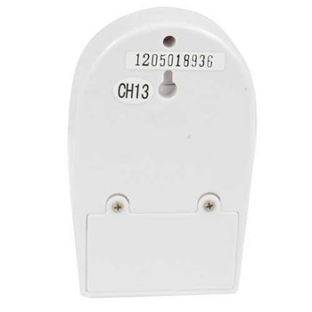 HomeSafe Wireless Home Security Motion Detector Sensor, white, with model number and channel details visible.