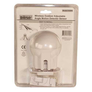 HomeSafe wireless outdoor adjustable angle motion detector sensor in packaging, white and clear design.