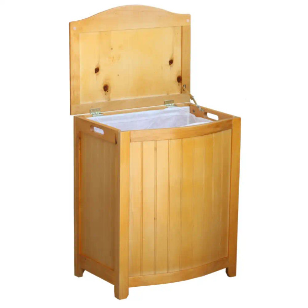 Oceanstar Natural Finished Bowed Front Laundry Wood Hamper with Interior Bag, light wood color, open lid showing white interior.