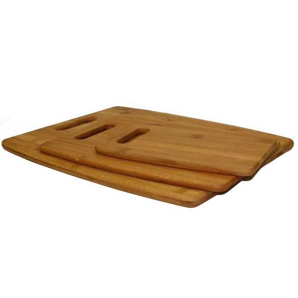 Oceanstar 3-Piece Bamboo Cutting Board Set, light brown color, stacked together, showcasing bamboo texture and rectangular shape with slots.