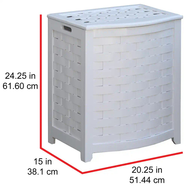 White finished bowed front veneer laundry hamper with interior bag, 20.25 in wide, 15 in deep, 24.25 in tall, Oceanstar brand.