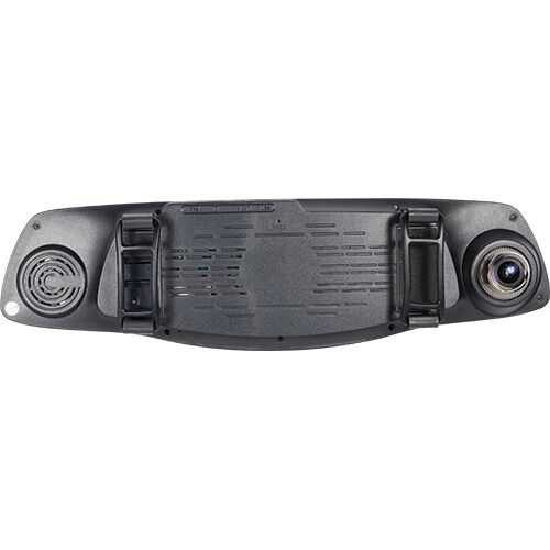 Black rear view mirror with built-in 1080p HD car camera and DVR, featuring a sleek design and camera lens on the right side.