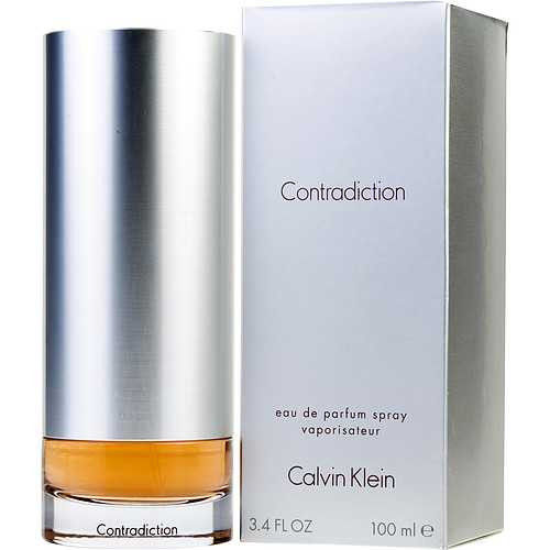 Calvin Klein Contradiction Eau De Parfum Spray, 3.4 oz, silver and orange bottle, white box, clear descriptive labeling for fragrance product.