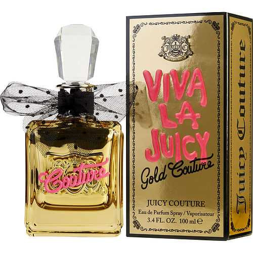 Viva La Juicy Gold Couture perfume bottle and box, 3.4 oz, Juicy Couture Eau De Parfum Spray, gold and pink design.