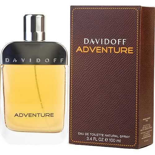 Davidoff Adventure Eau De Toilette Spray 3.4 oz bottle and box, Davidoff perfume for men, yellow fragrance, silver cap, brown packaging.