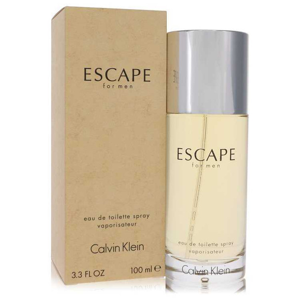 Calvin Klein ESCAPE Eau De Toilette Spray 3.4 oz, clear bottle with silver cap, and brown box, for men.