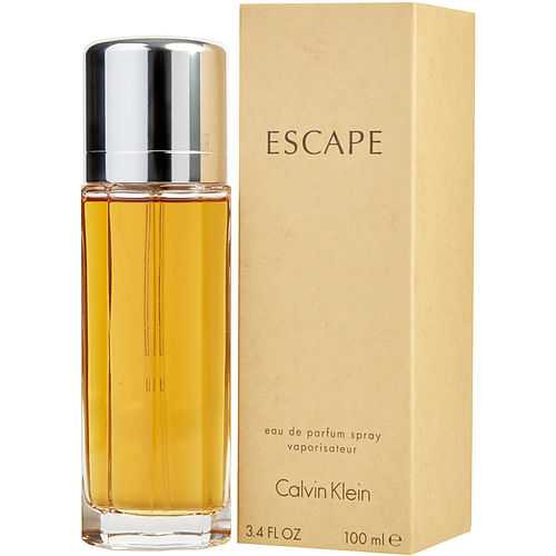 Calvin Klein ESCAPE Eau De Parfum Spray bottle and box, 3.4 oz, gold fragrance in a sleek glass bottle with silver cap.