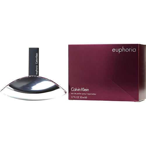 Calvin Klein Euphoria Eau De Parfum Spray 1.7 oz bottle and box, purple packaging with silver and black accents, clear glass bottle.