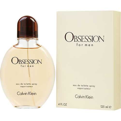 Calvin Klein Obsession for Men Eau De Toilette Spray, 4 oz, Calvin Klein branding, clear bottle with dark brown cap.