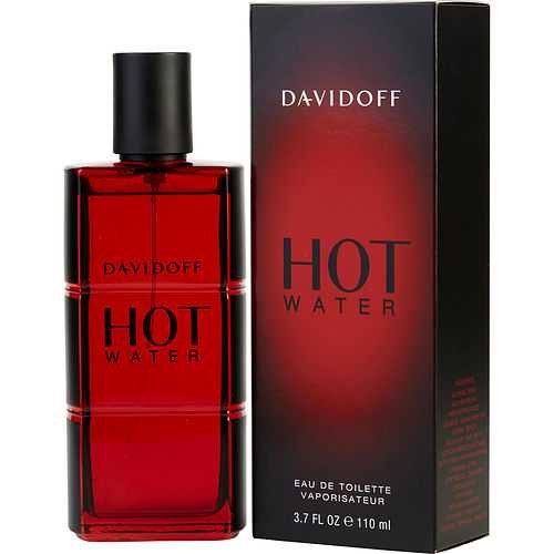 Davidoff Hot Water Eau De Toilette Spray, 3.7 oz, red bottle and black box.
