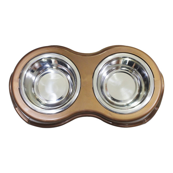 Plastic Framed Double Diner Pet Bowl in Stainless Steel, Large, Gold and Silver, Set of 4