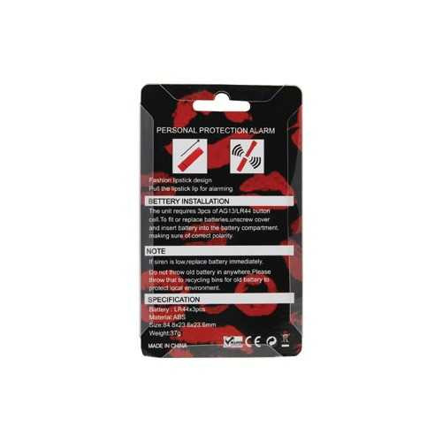 Safety Technology Fashionable Lipstick Alarm Black packaging with instructions and specifications visible.
