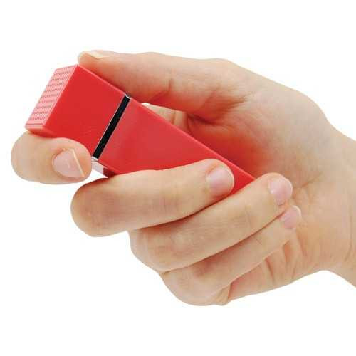 Red rectangular lipstick with black stripe, labeled Fashionable Lipstick Alarm Pink.