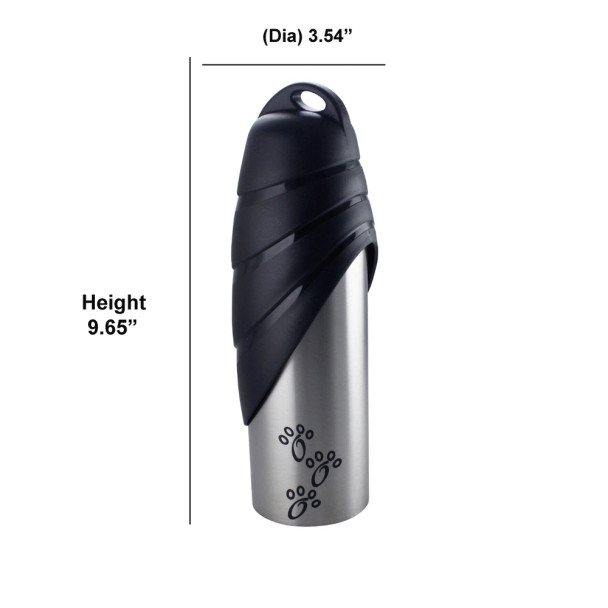 Plastic Fin Cap Pet Travel Water Bottle in Stainless Steel, Large, Silver and Black Set of 2