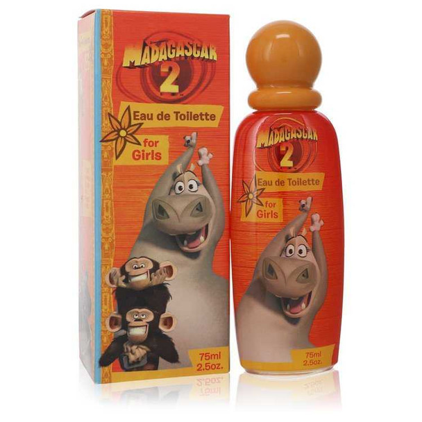 Madagascar 2 Eau De Toilette Spray 2.5 oz for Girls by Dreamworks, orange perfume bottle and box with cartoon characters.