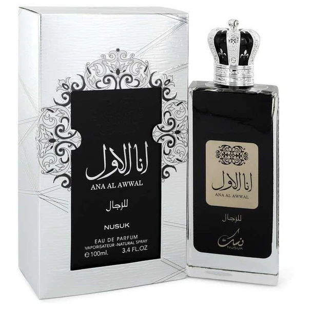 Ana Al Awwal by Nusuk Eau De Parfum Spray 3.4 oz, black bottle with silver crown cap and packaging, Nusuk branding.