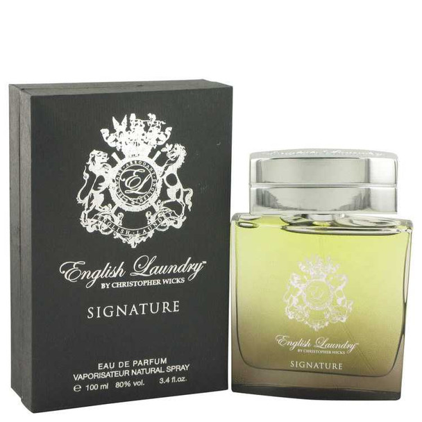 English Laundry Signature eau de parfum spray, 3.4 oz, by Christopher Moles, yellow liquid in glass bottle with silver cap and black box.