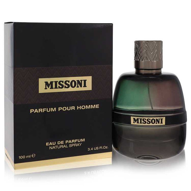 Missoni Eau De Parfum Spray 3.4 oz, dark glass bottle, gold label, black box packaging.