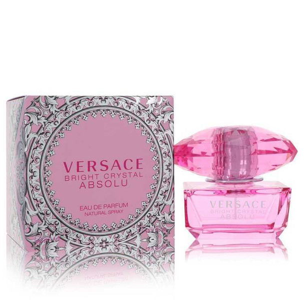 Versace Bright Crystal Absolu Eau De Parfum Spray, 1.7 oz, pink bottle, Versace branding, luxury perfume packaging.