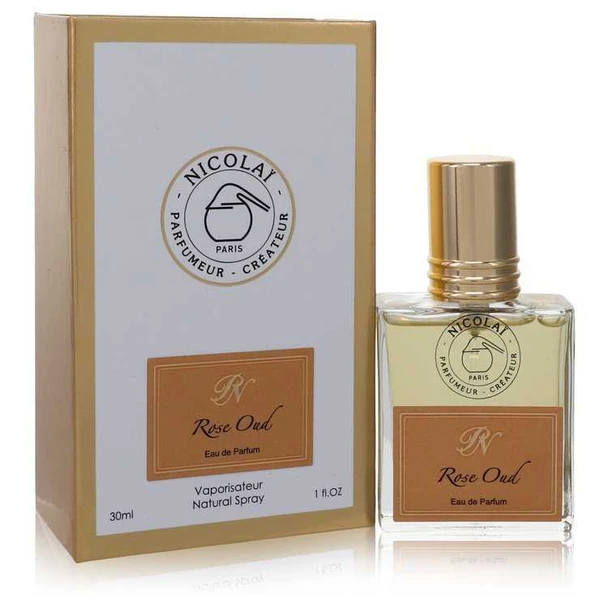 Nicolai Rose Oud Eau De Parfum Spray, Nicolai, 30ml clear bottle with gold cap.