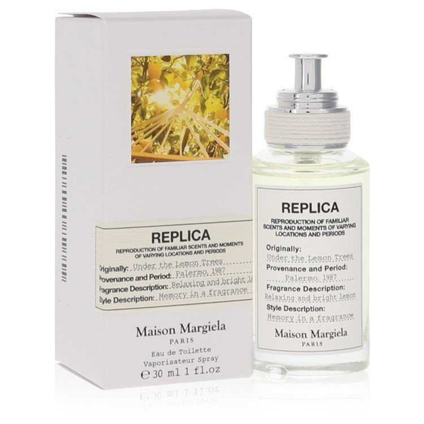 Maison Margiela Replica Under The Lemon Trees Eau De Toilette Spray, clear bottle, silver cap, white box, yellow floral design.