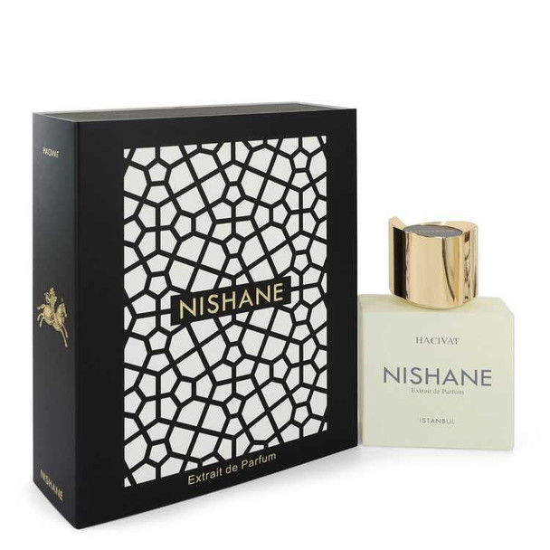 Nishane Hacivat Extrait De Parfum Spray, black and white box with gold accents, featuring a white bottle with gold cap and Nishane branding.